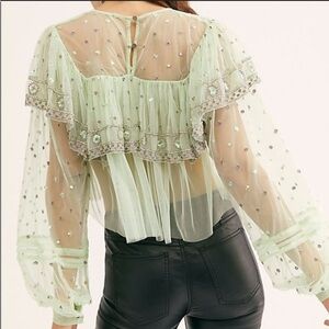 Free People Light Green Sheer Blouse with Embellishments